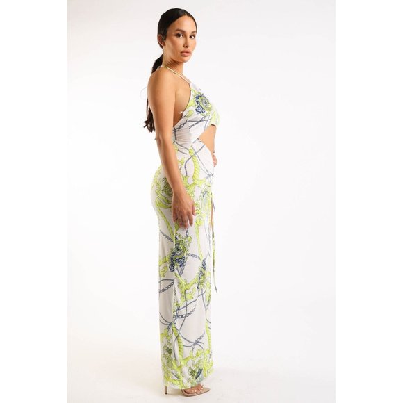 Women's Printed Halter Long Maxi Dress Strappy Sleeve Cut Out Front Sexy Cute - Picture 6 of 10